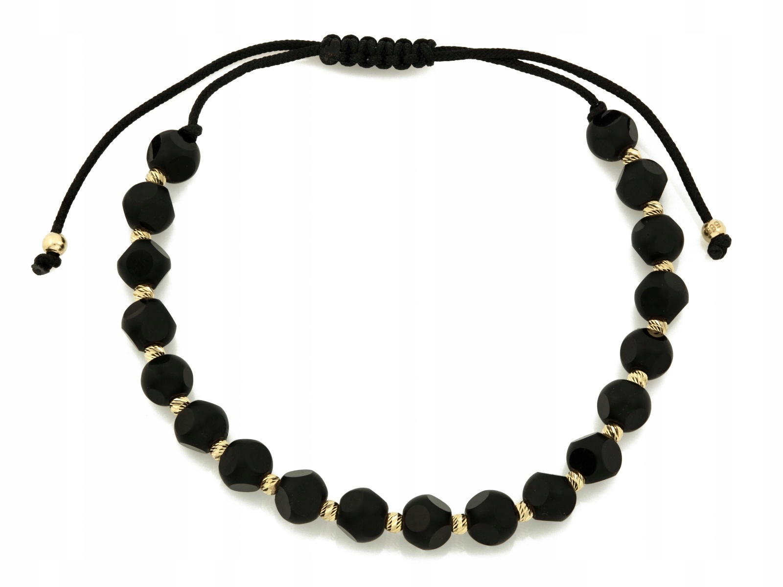 Zlatý náramek 585 s provázkem a fazetovanými černými kameny r19