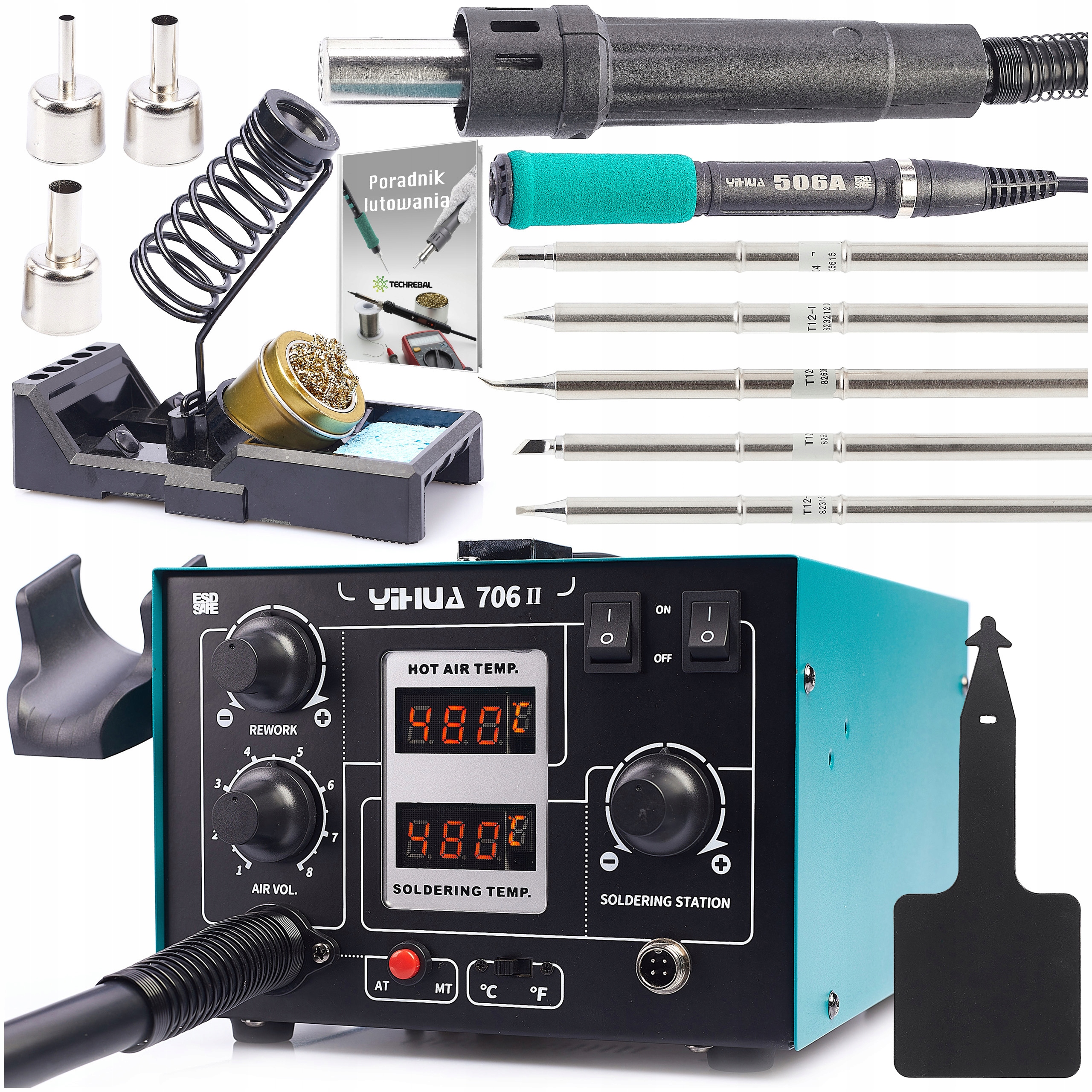 Pájecí Stanice 2v1 hot air T12 Yihua 706 II 4x Hrot Silikonový Držák