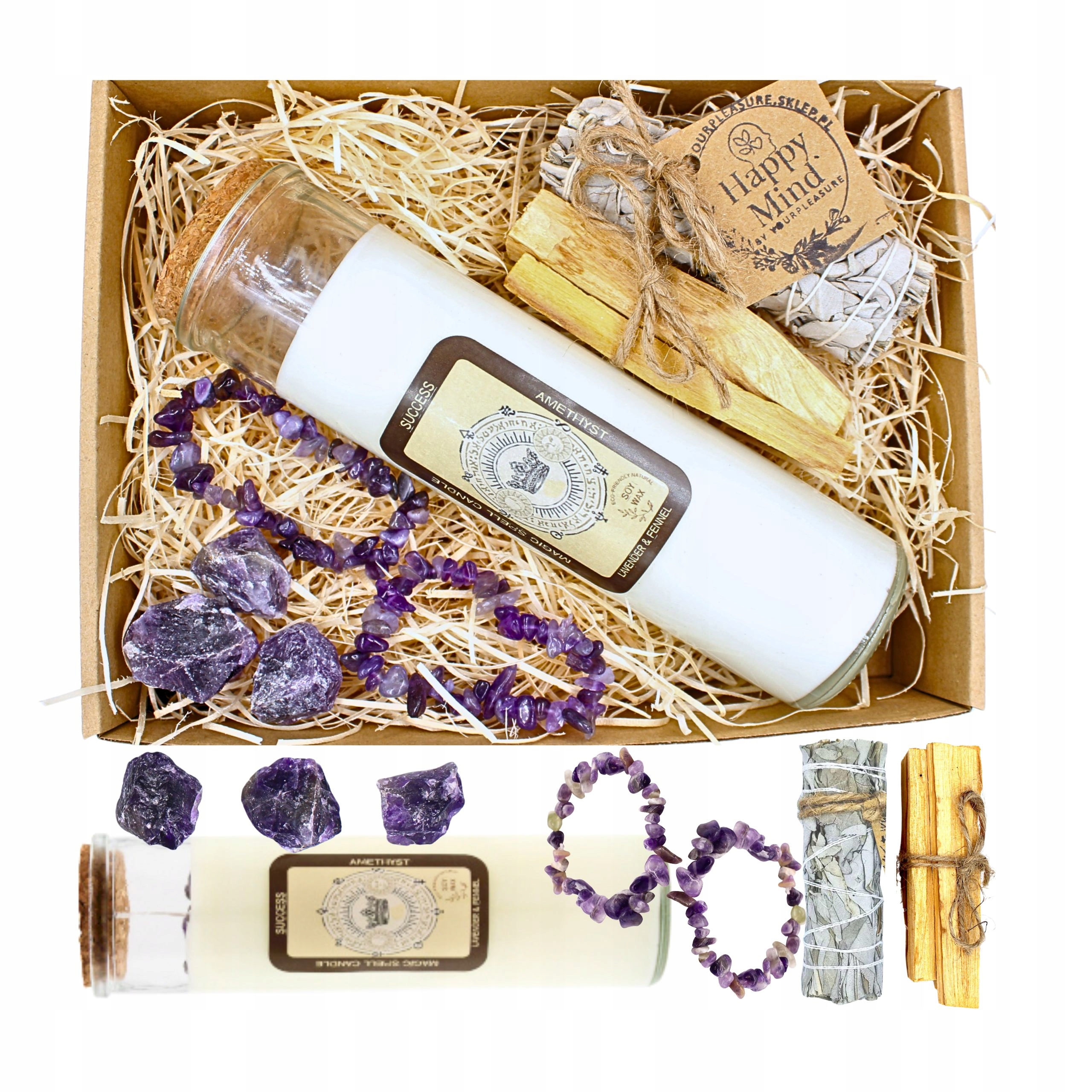 Sada Happy Mind: Ametystová svíčka, Palo Santo, Bílá Šalvěj, Náramky