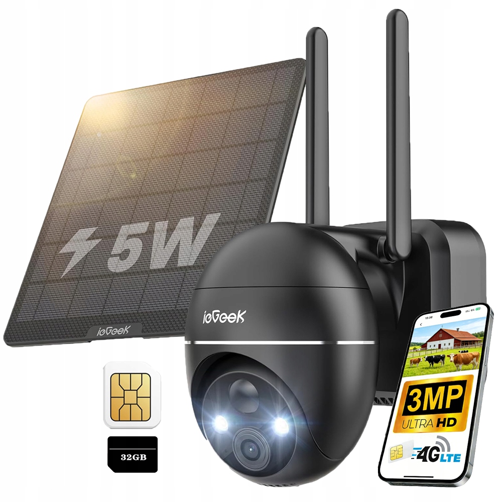 Venkovní solární kamera 2K 3MP Sim karta 4G Lte Otočná Pir s kartou 32 Gb