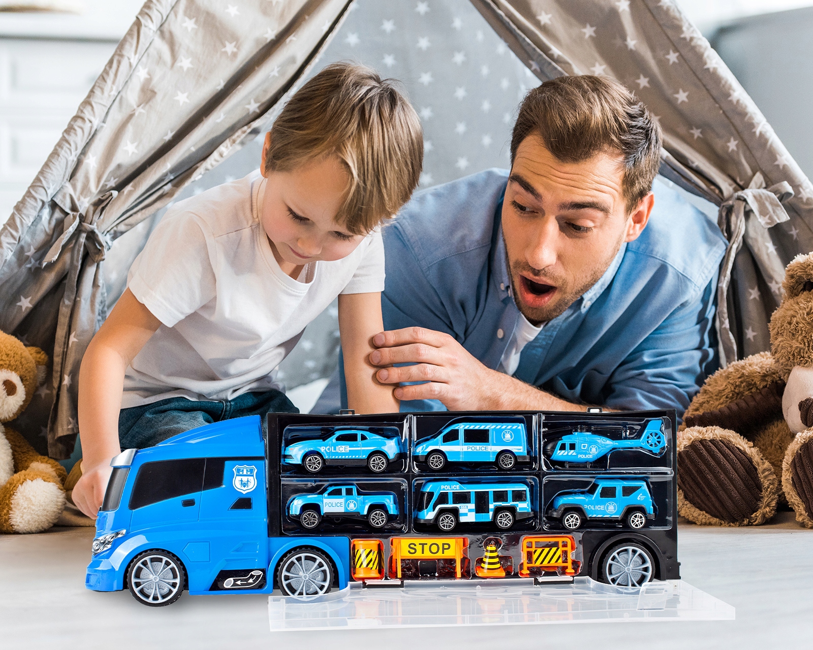 CIĘŻARÓWKA LAWETA POLICJA AUTA HELIKOPTER TIR Z SAMOCHODZIKAMI WALIZKA Model Ciężarówka z autami