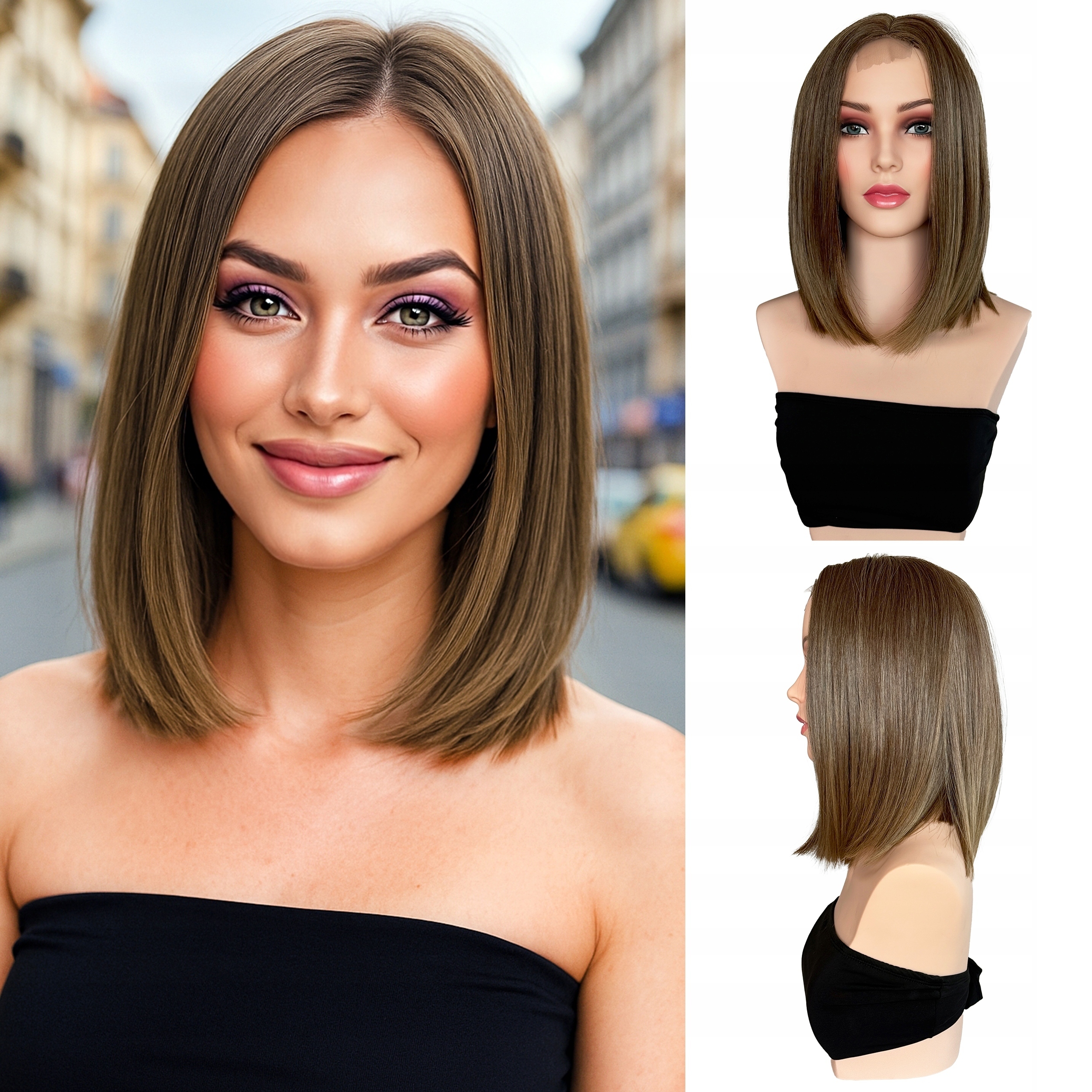 Peruka Syntetyczna Włosy Sztuczne Bob Brązowa Jak Naturalna Krótka 35cm