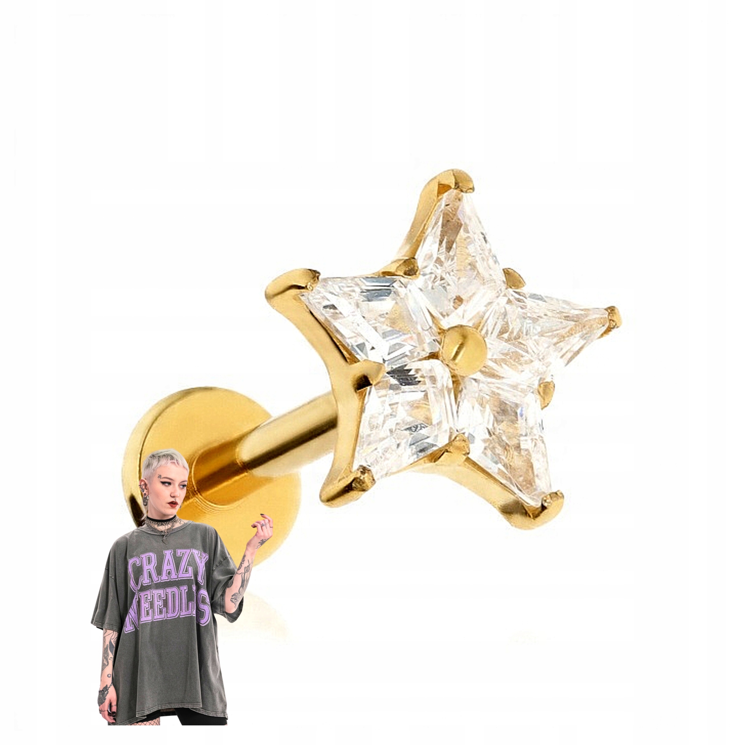 Titanová náušnice labret hvězda s bílým zirkonem zlatý helix lobe 1,2/8