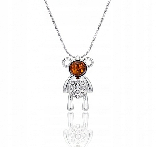 Stříbrný Přívěsek S Medvídkem A Jantarem A Zirkony