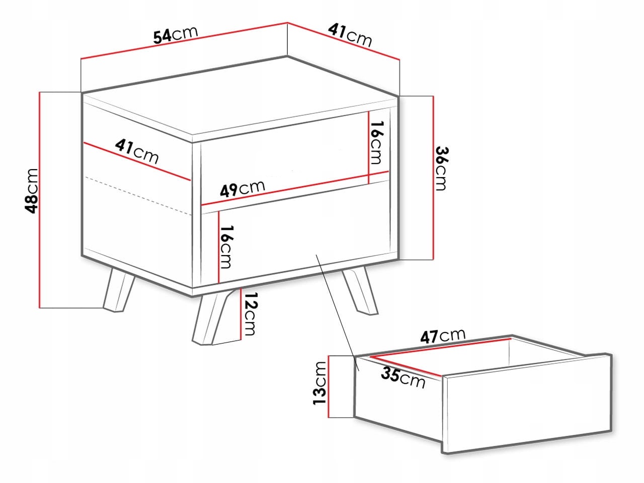 Szafka nocna/stolik z dwiema szufladami SIENA śliwka 53,5x48x41cm,5-KOLORÓW Wysokość mebla 48 cm