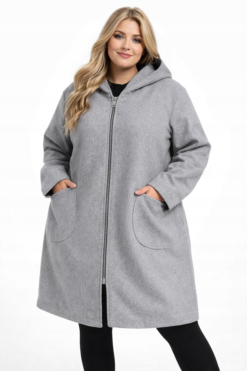 Dámský kabát Šedý Vlna Volný kapuce s velkým zipem velikost 58 60 9XL 10XL