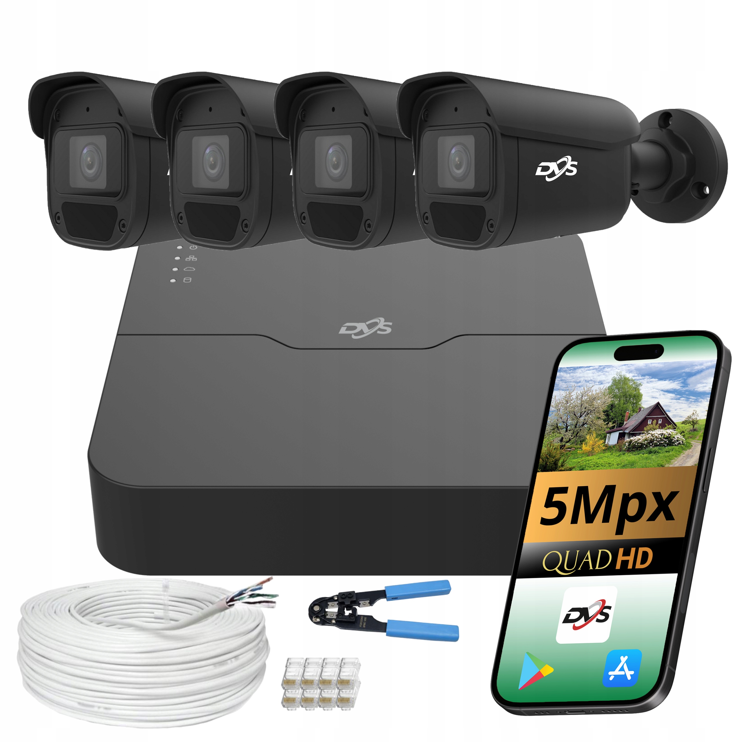 Sada Ip monitoringu PoE 4 čierne vonkajšie kamery Smart App Pro pre domácnosť