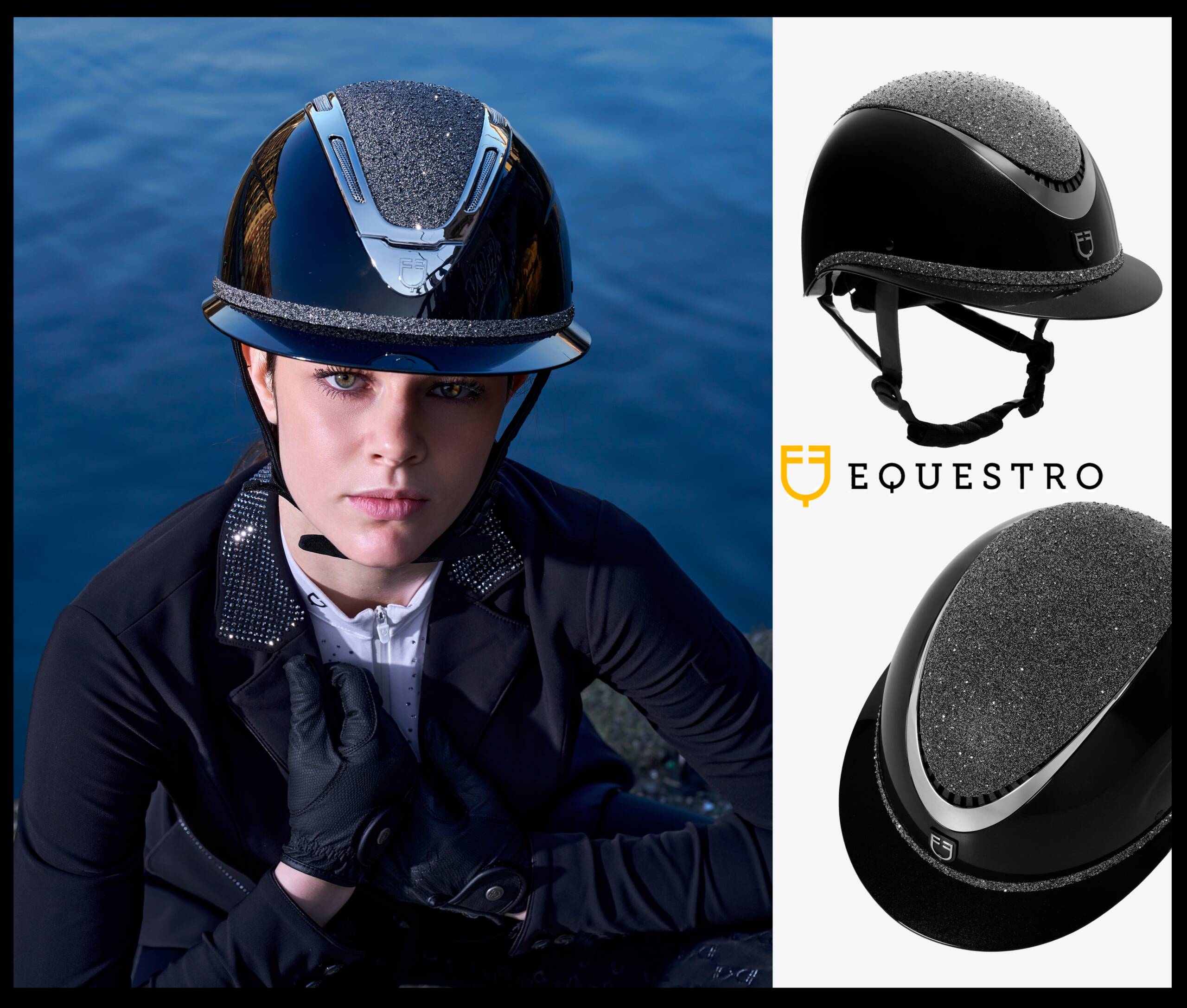 Kask jeździecki Rowel szeroki daszek Equestro czerń połysk L 58-60