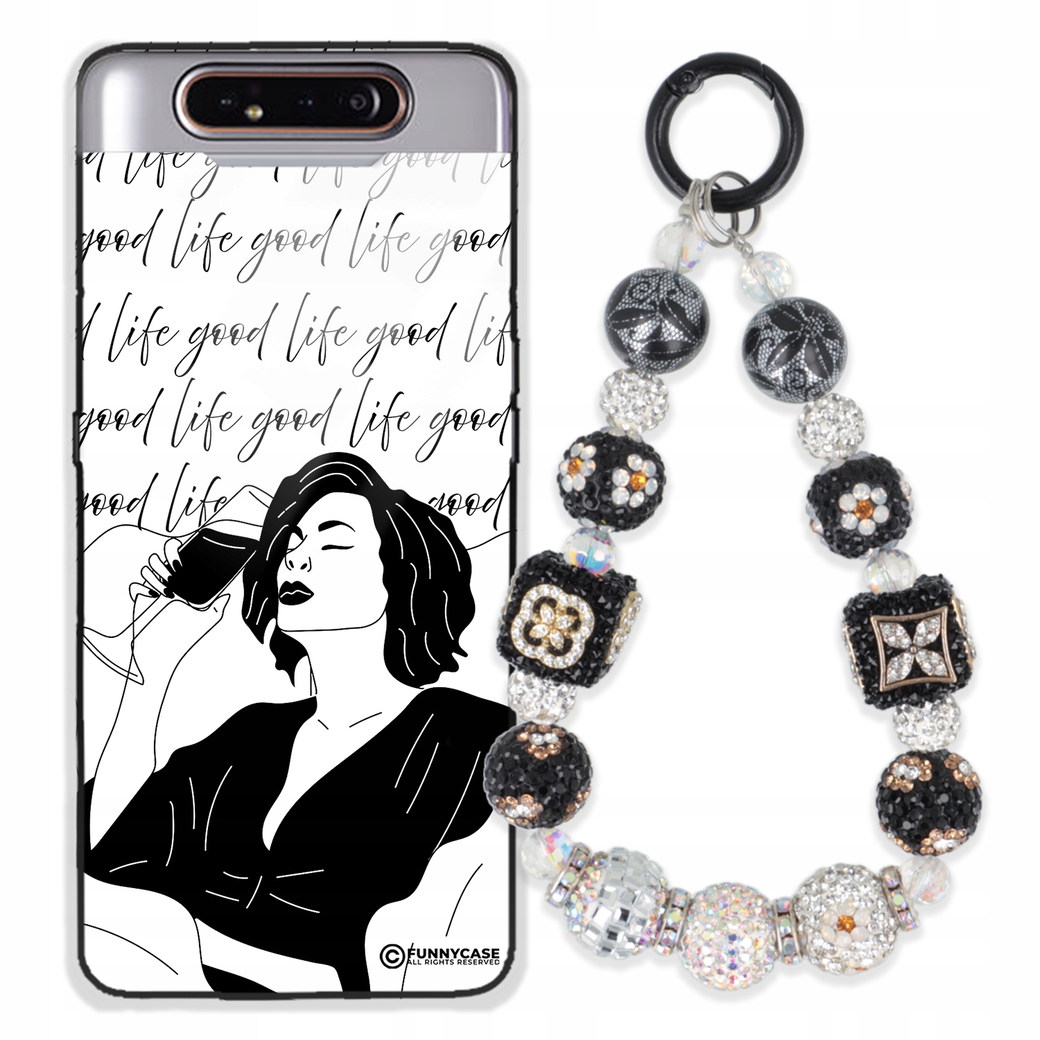 Puzdro Na Samsung A80 Glass Ženské Čierno-biele Strieborný Prívesok S Zirkónmi