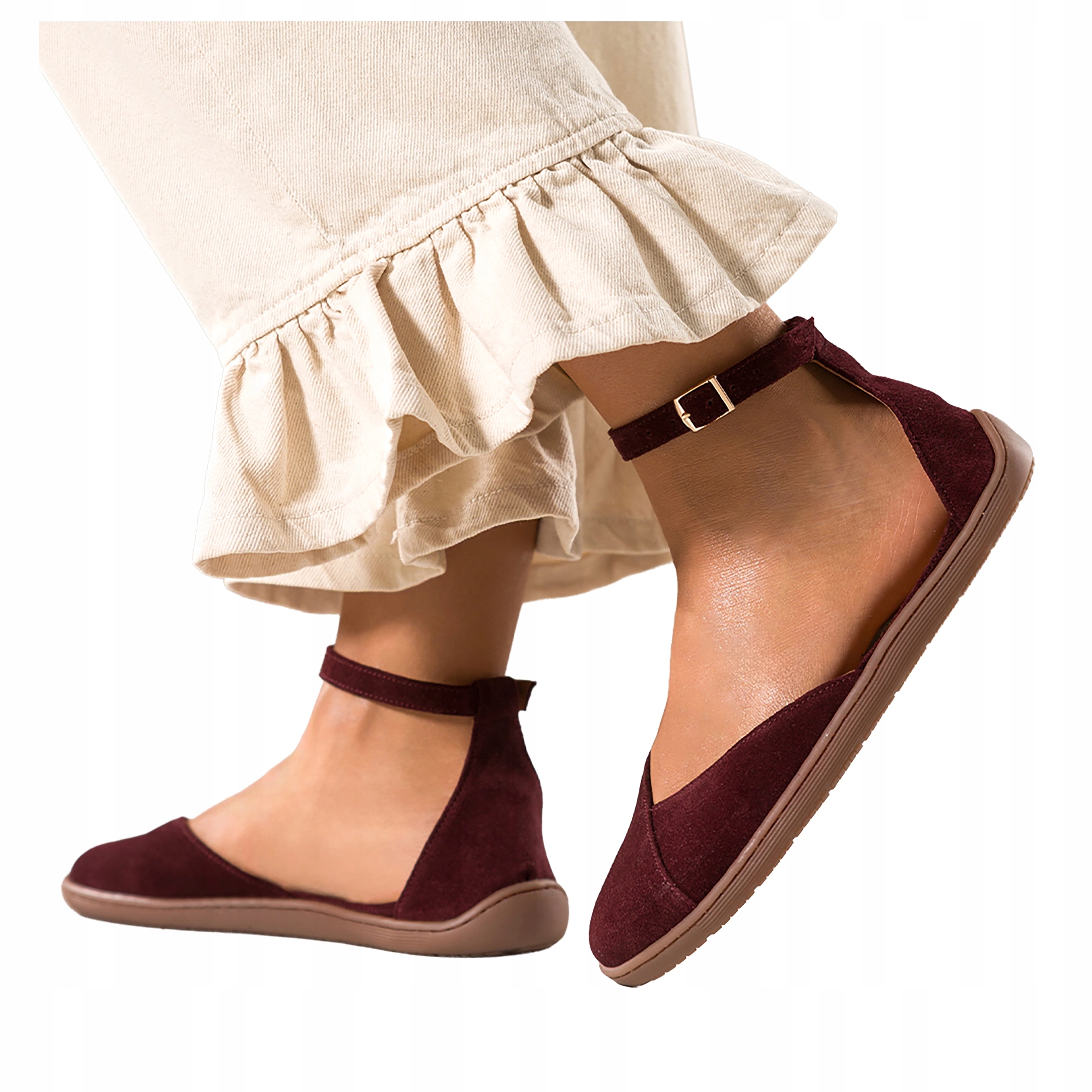 Bordové Baleríny Dámské Široké Kožené Pásek kolem kotníku Barefoot r 36