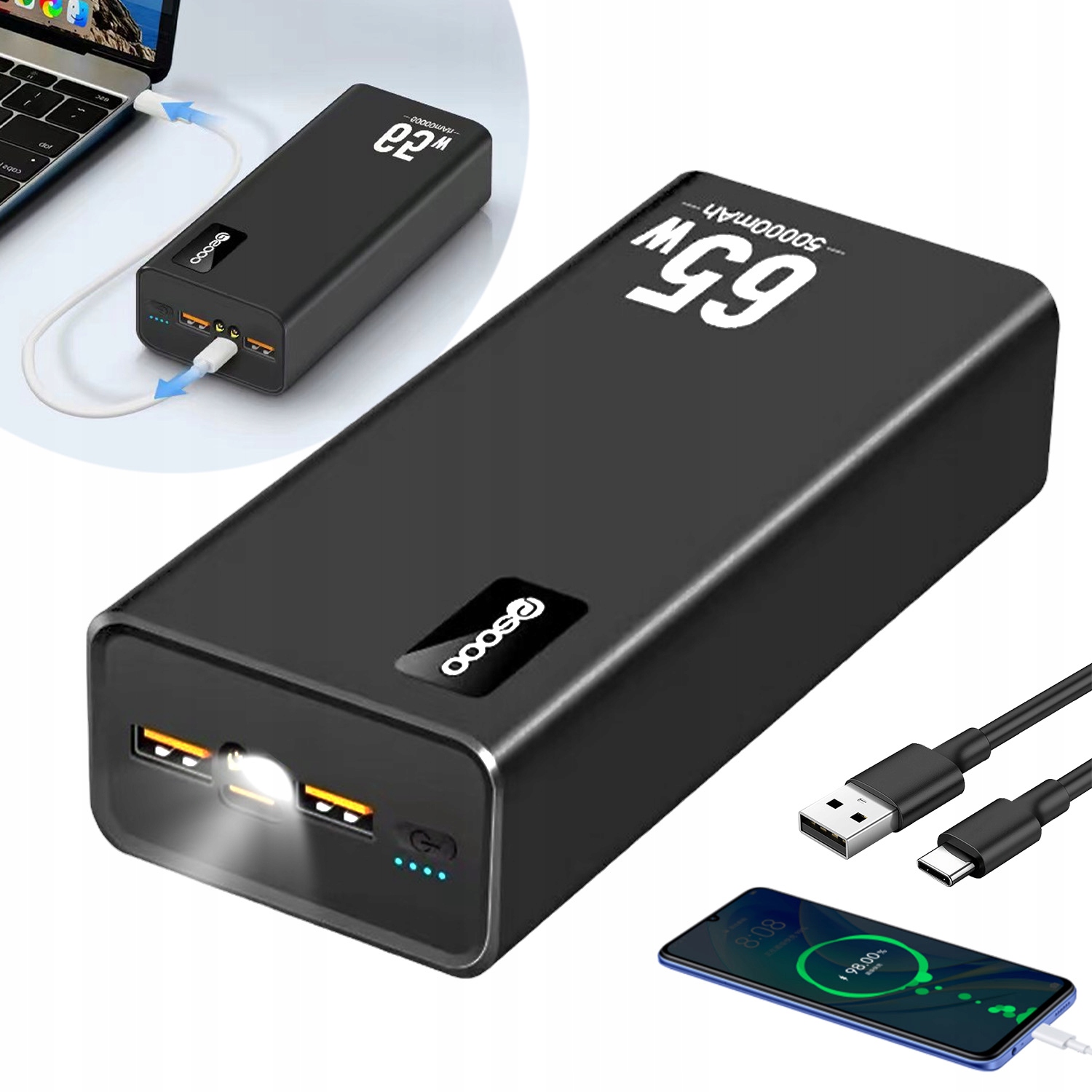 Powerbanka 50000MAH 65W Rychlé Nabíjení Usb-c Pro Notebook Telefonu Na Cestách