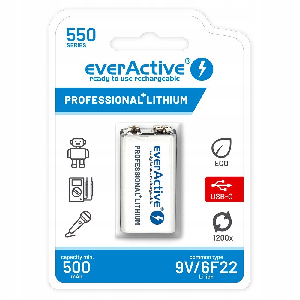 Everactive Akumulatorek 6F22/9V Li-ion 550 Mah Z Usb Typ C EVHR22-550C