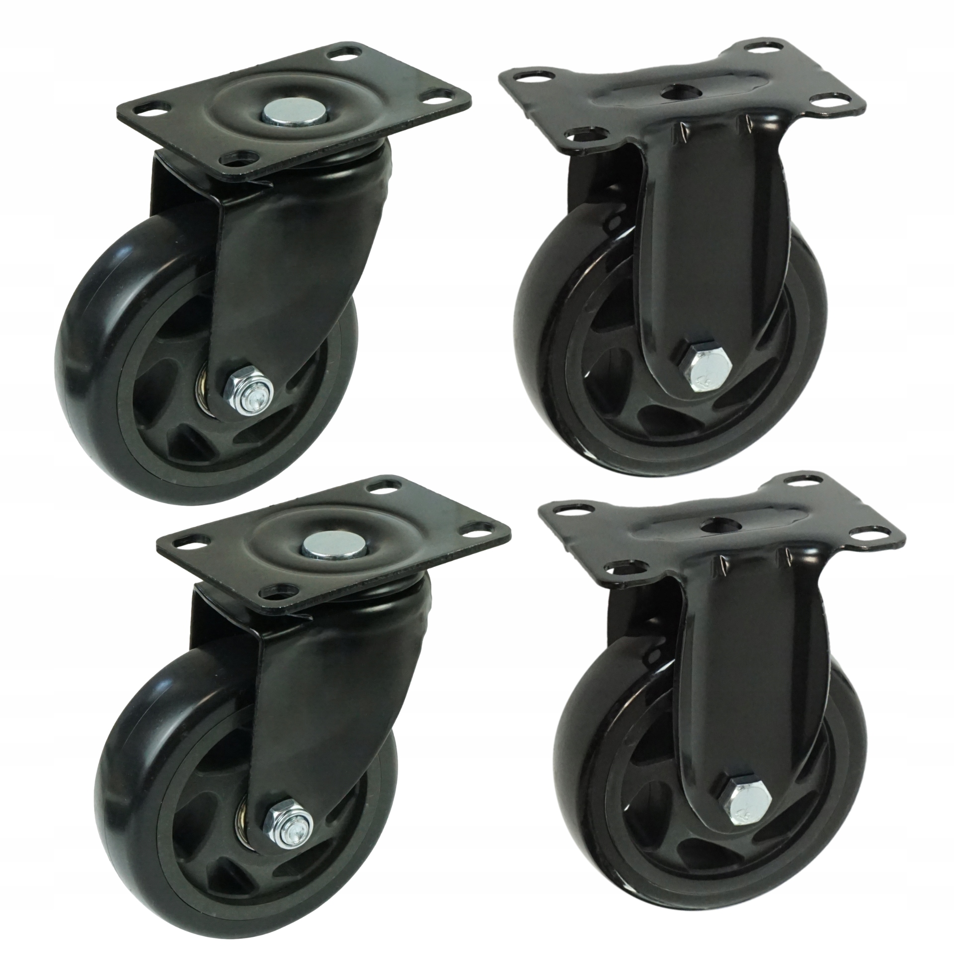 Sada koleček o průměru 100 mm, pogumovaná, černá, otočná, bez brzdy, pevná kolečka