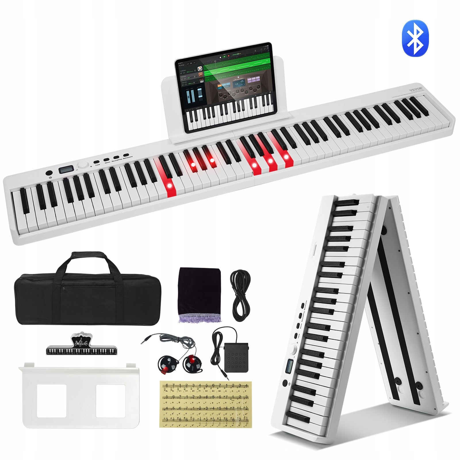 Skládací klávesnice MIDI s klávesami 88 s Bluetooth podsvícením, bílá