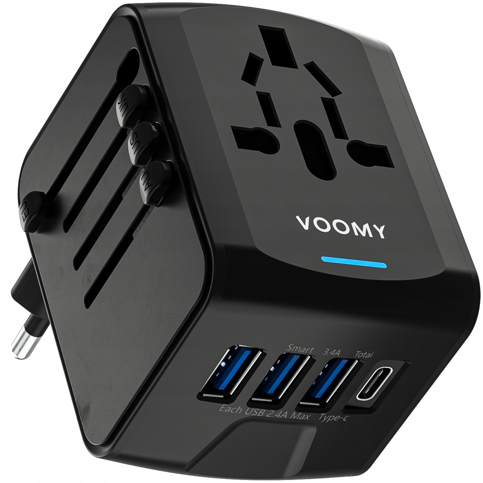 Wtyczka światowa Voomy 170+ krajów, 20W, 3 Usb-a & 1 Usb-c, Czarna