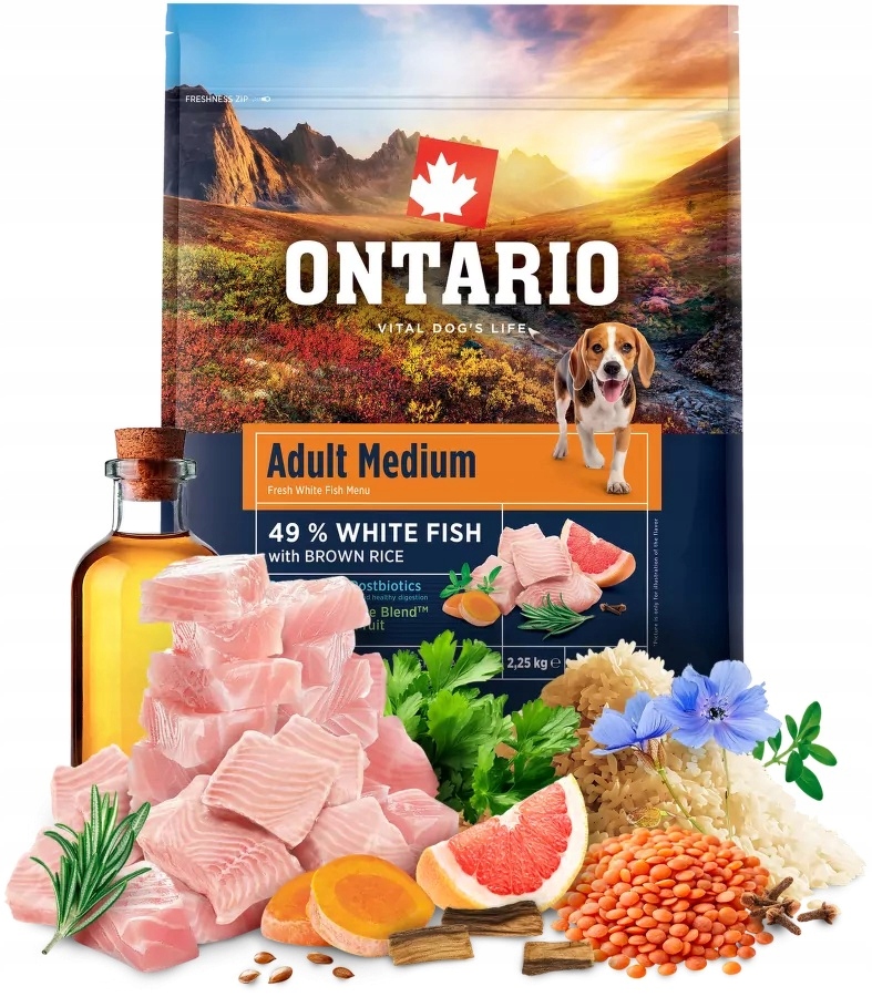 Levně Ontario 2,25kg Adult Medium Fish (Ryba) Krmivo pro dospělé psy středních