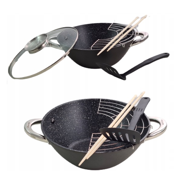 WOK żeliwna patelnia głęboka 32 cm z pokrywą