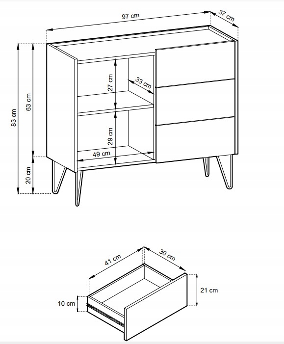 Komoda 1D4SZ Harried grafit złote nogi Głębokość szuflady 30 cm