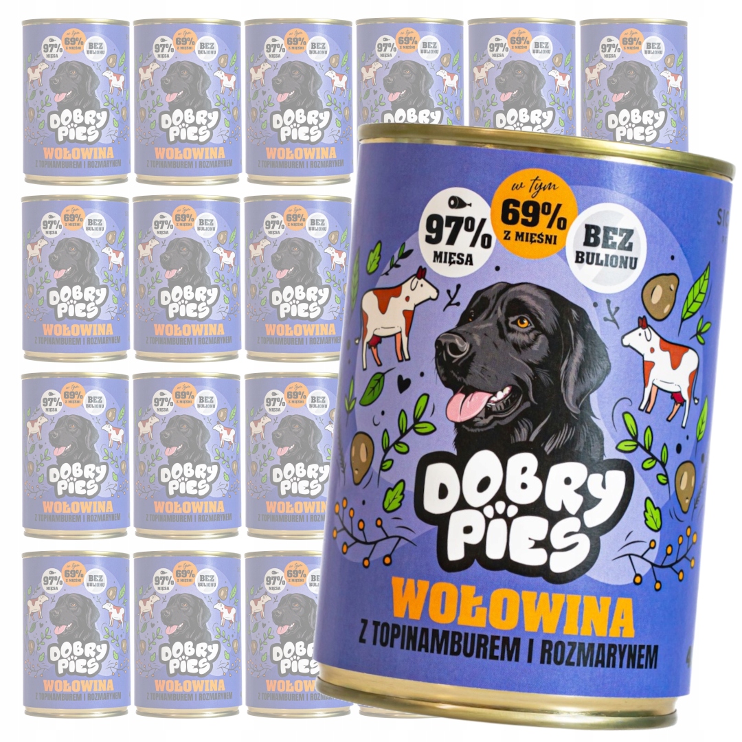 Levně Dobry Pies 24x400 g Vlhké Krmivo pro psy Hovězí maso Topinambur Rozmarýn