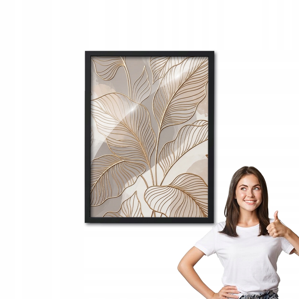 Obraz s rámečkem Pozlacené Listy černý rámeček 50x70 do obývacího pokoje, kanceláře