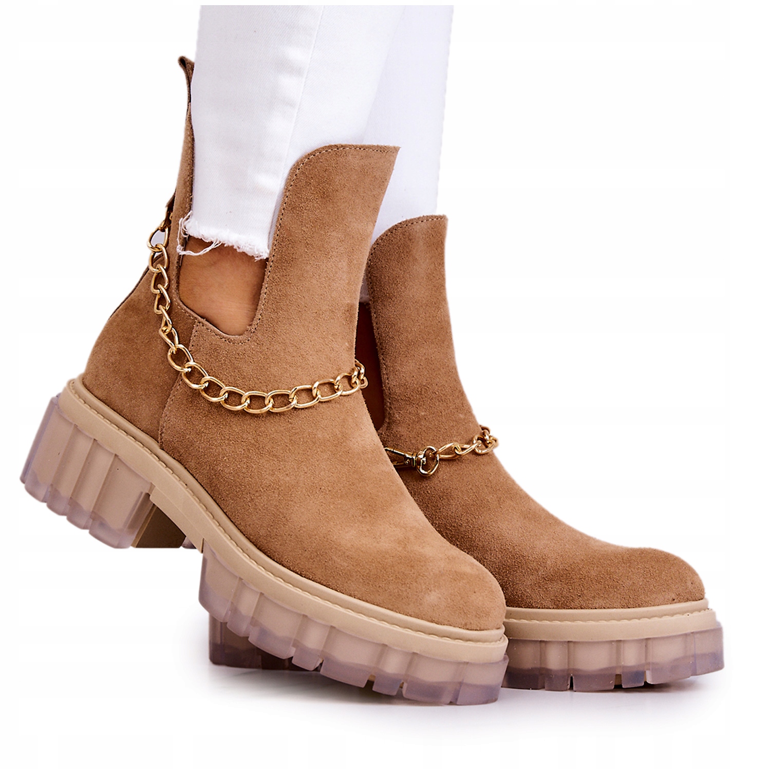 Zamszowe Botki Skórzane Z Wycięciem Camel 39