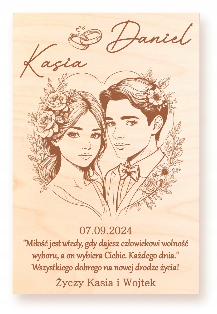 DREWNIANA KARTKA ŚLUBNA HANDMADE PERSONALIZOWANA PREZENT DLA PARY MŁODEJ Marka inny