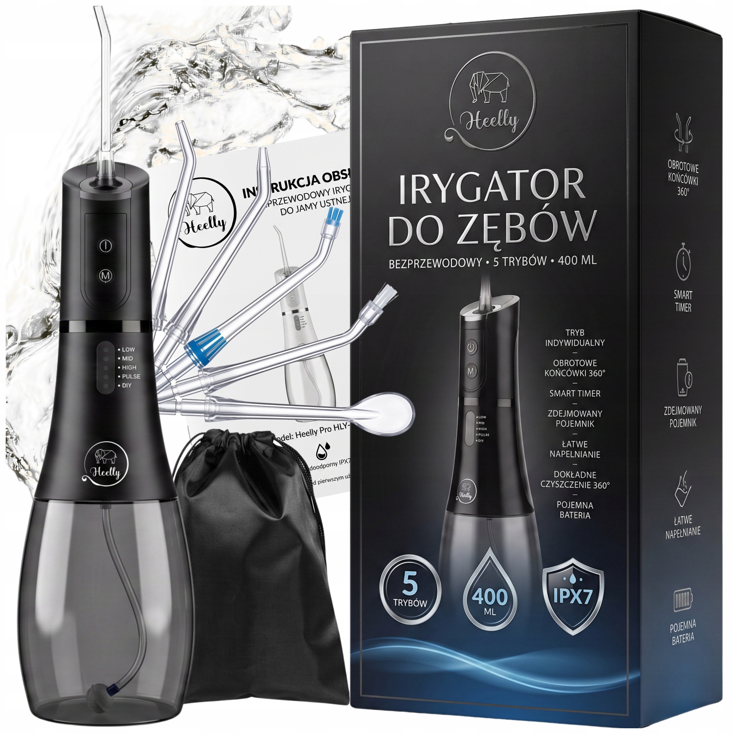 Irygator Do Zębów Bezprzewodowy Dentystyczny 5 Trybów 400ML Mocny Etui
