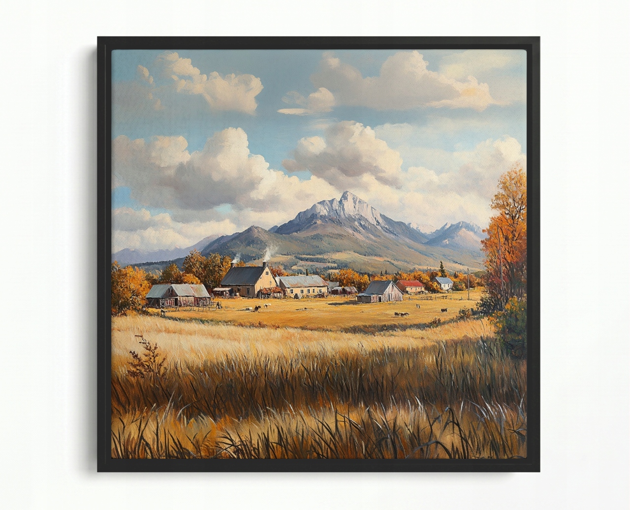 Obraz Rám American Box Rustikálna Krajina Obec Domy Hory Pole Jeseň 60x60