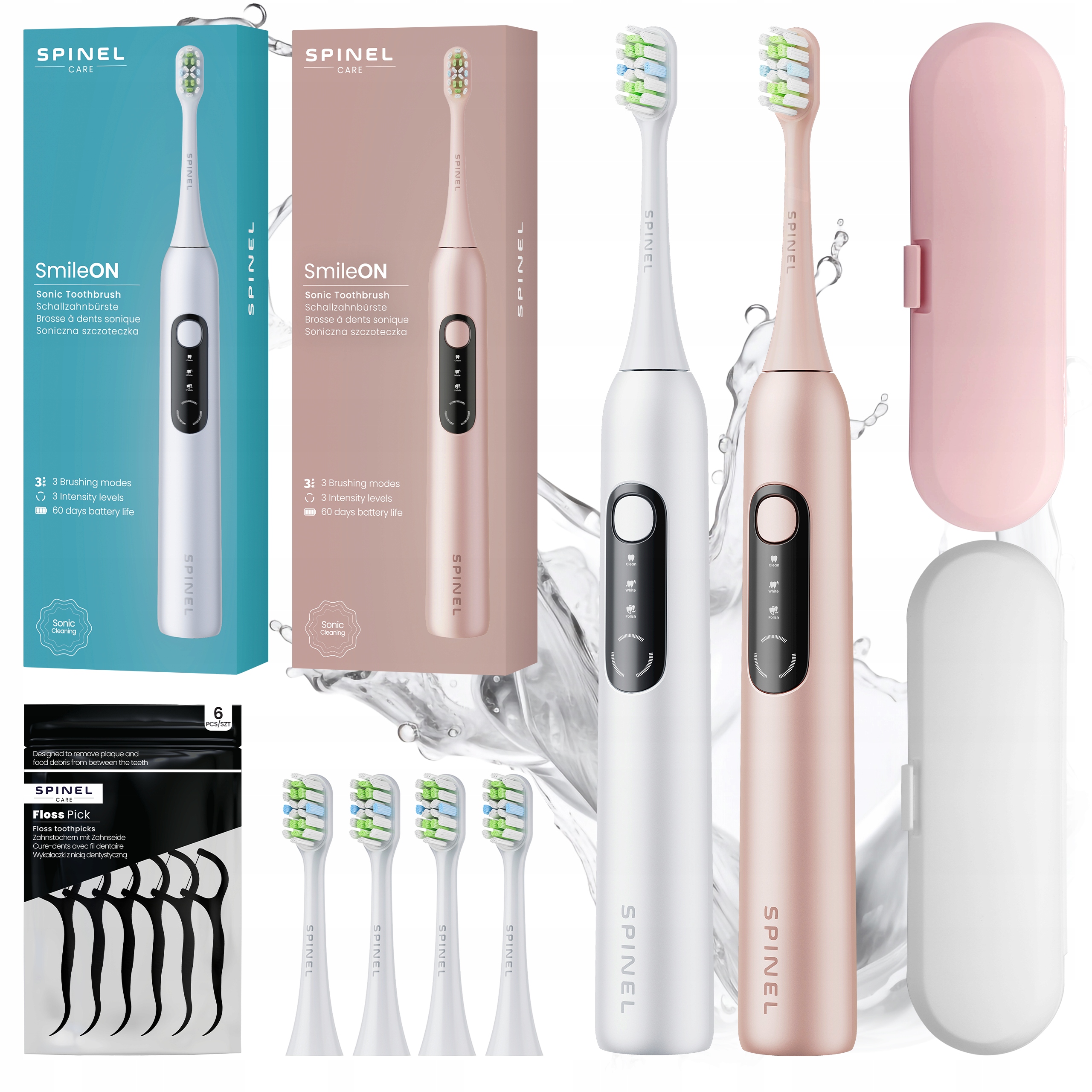 Zestaw 2x szczoteczka soniczna do zębów SmileOn 3 tryby etui 4 końcówki