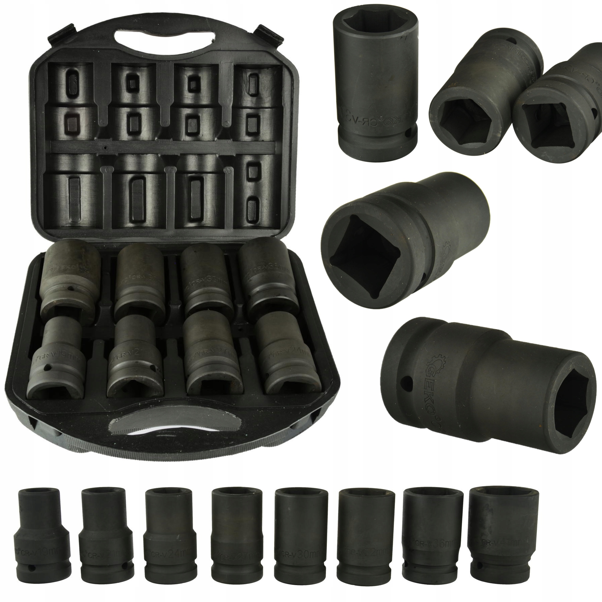 Rázové hlavice 19-41mm Ocel Crv 1" odolné Silné Geko Sada 8ks