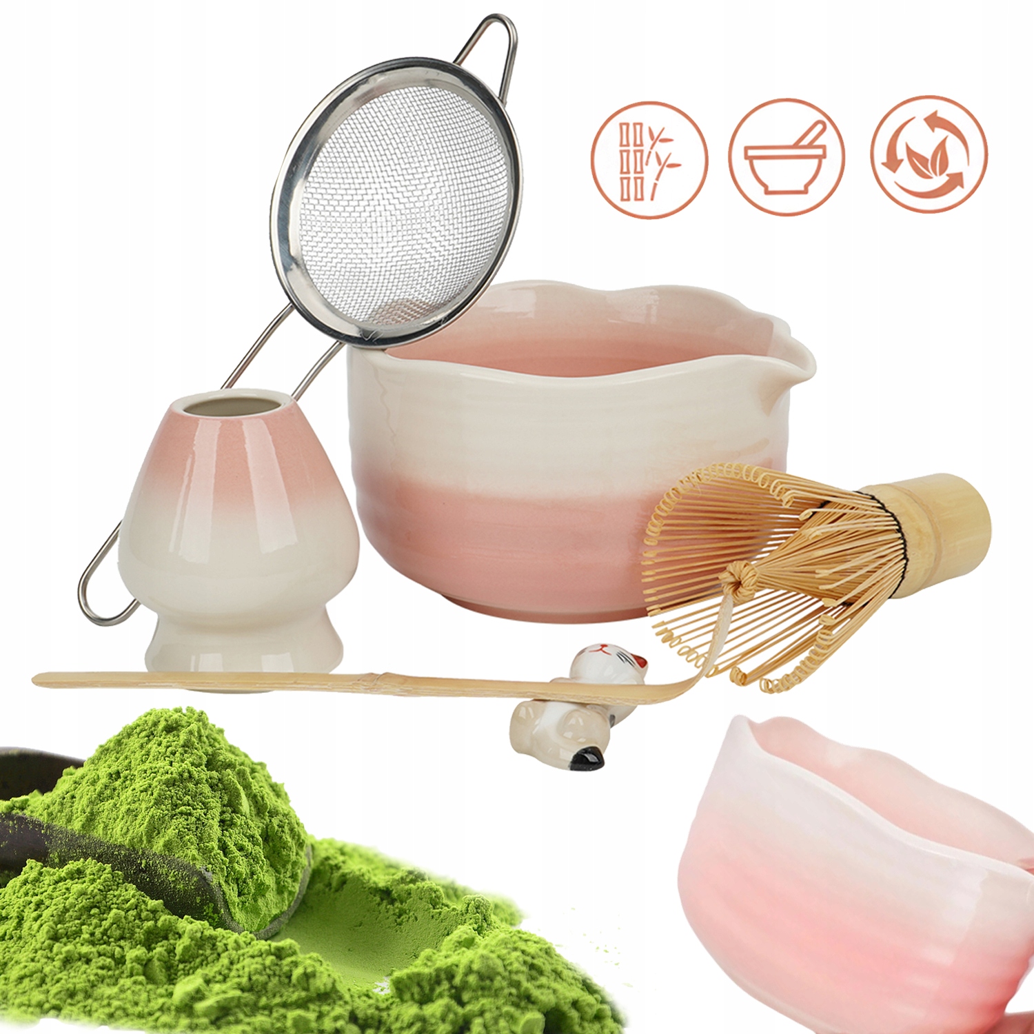 Akcesoria Do Matchy Zestaw 6 Elementów Różowy Z Podstawką I Kocim Uchwytem