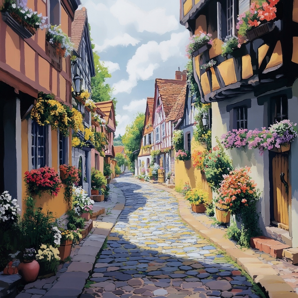 Obraz Na Plátně Canvas Město Šachulové Domy Bruk Ulička Květiny 80x80