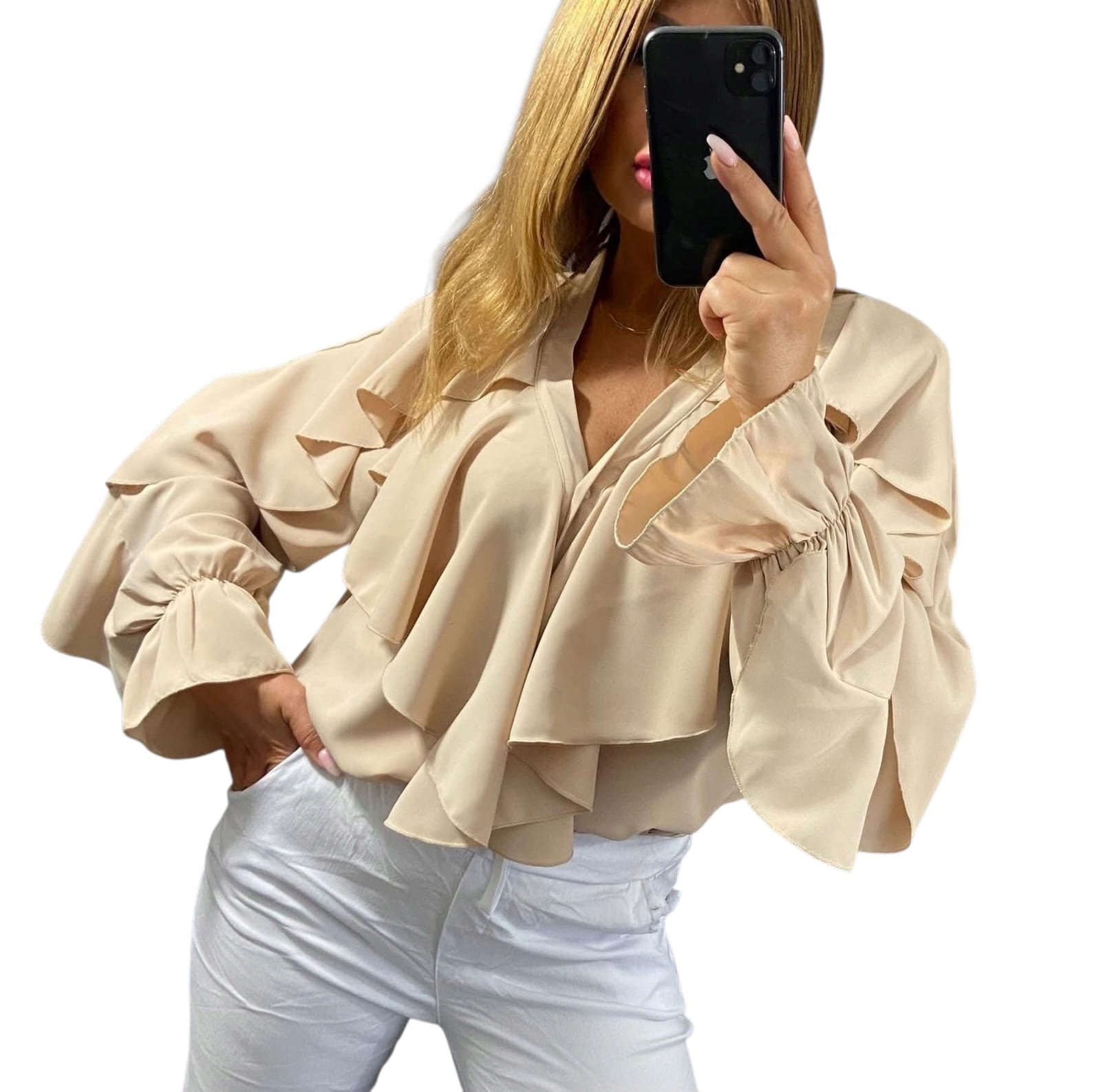 Elegantní košilová halenka s žabákem, béžová Plus Size, velikost 48, 50, 52