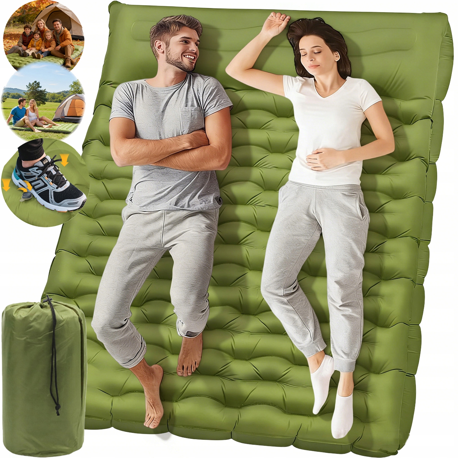 Podwójny Materac Turystyczny Trekkingowy Dmuchany Mata Wodoodporny Zielony