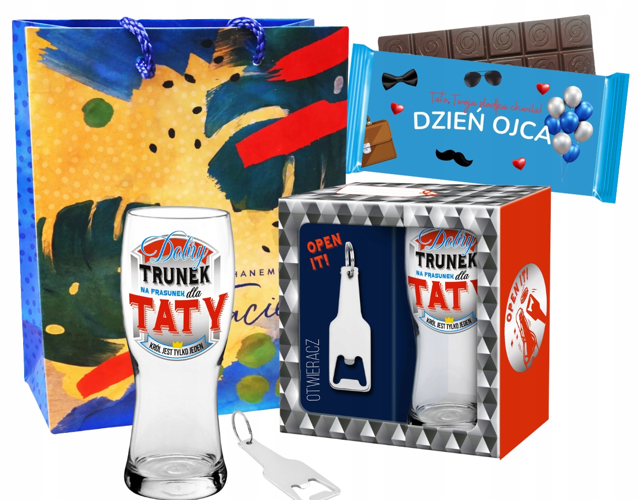 Box Sada dárků ke Dni Otců Pivní Sklenice na pivo Otvírák Čokoláda Taška