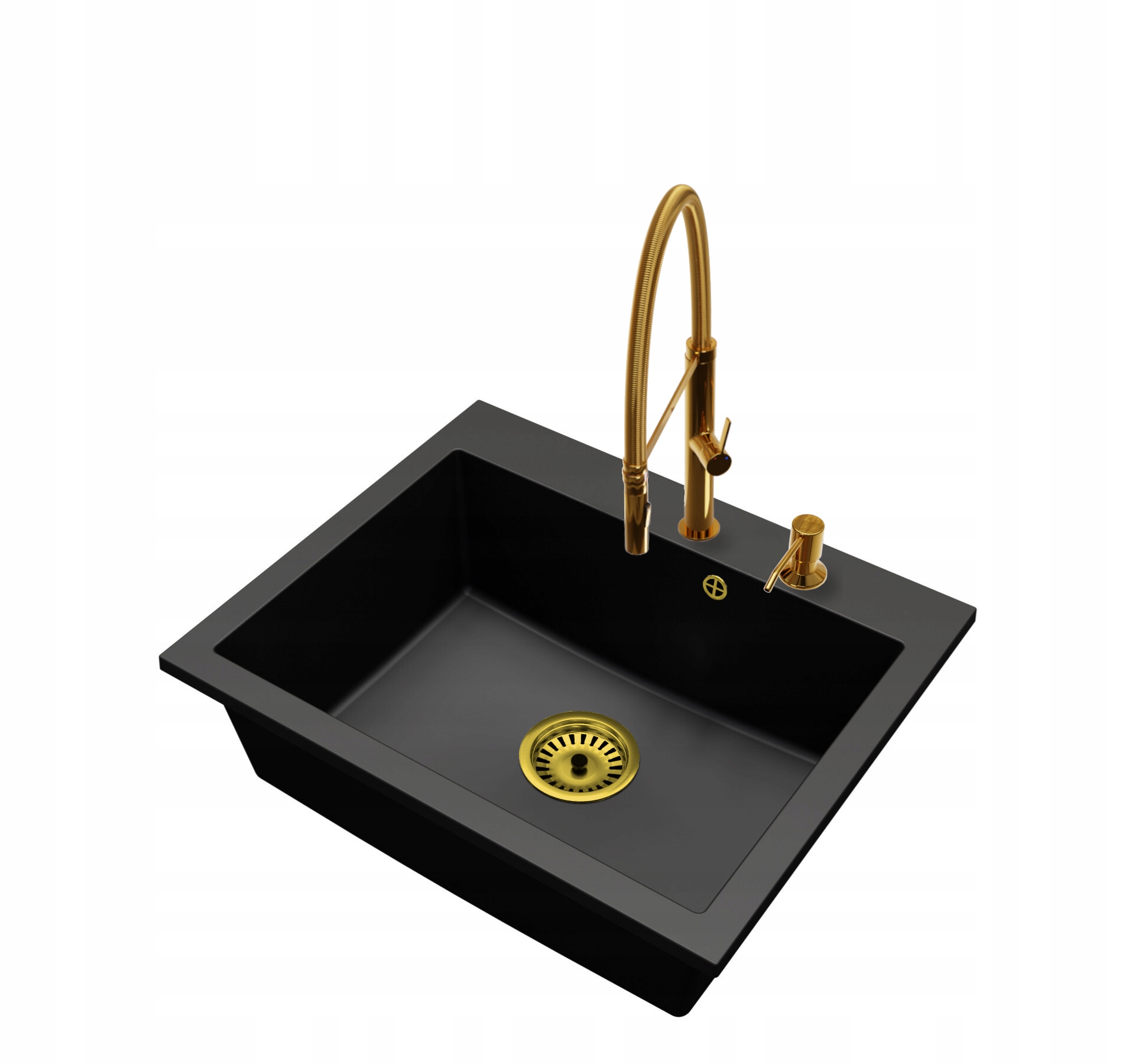 Granitový dřez Jednokomorový Elite 60 Baterie Dávkovač Sifon Zlato