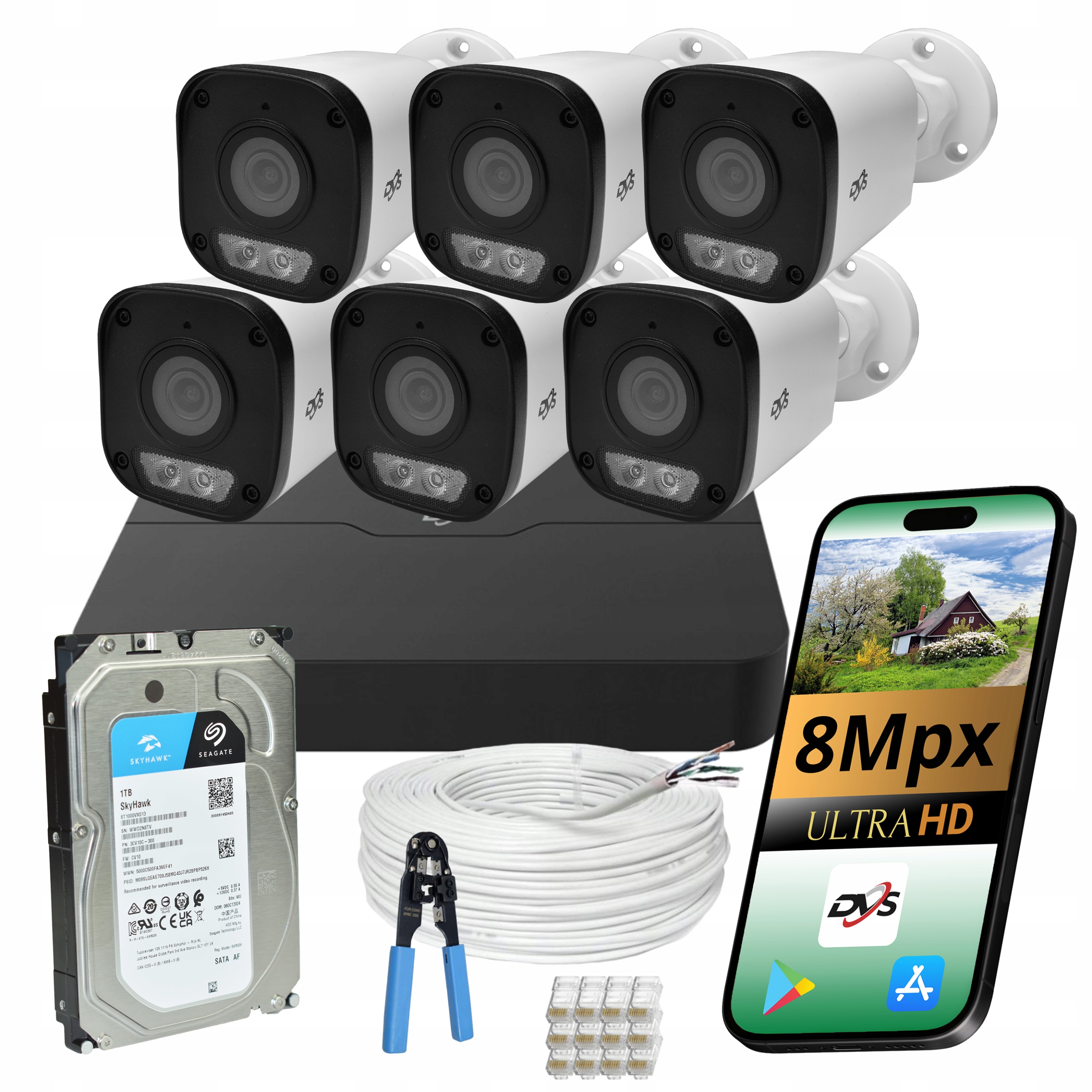 Set 6x Monitorovacia Kamera 8MPX Ip PoE Ir Led Dual Light Disk 1TB Dvs