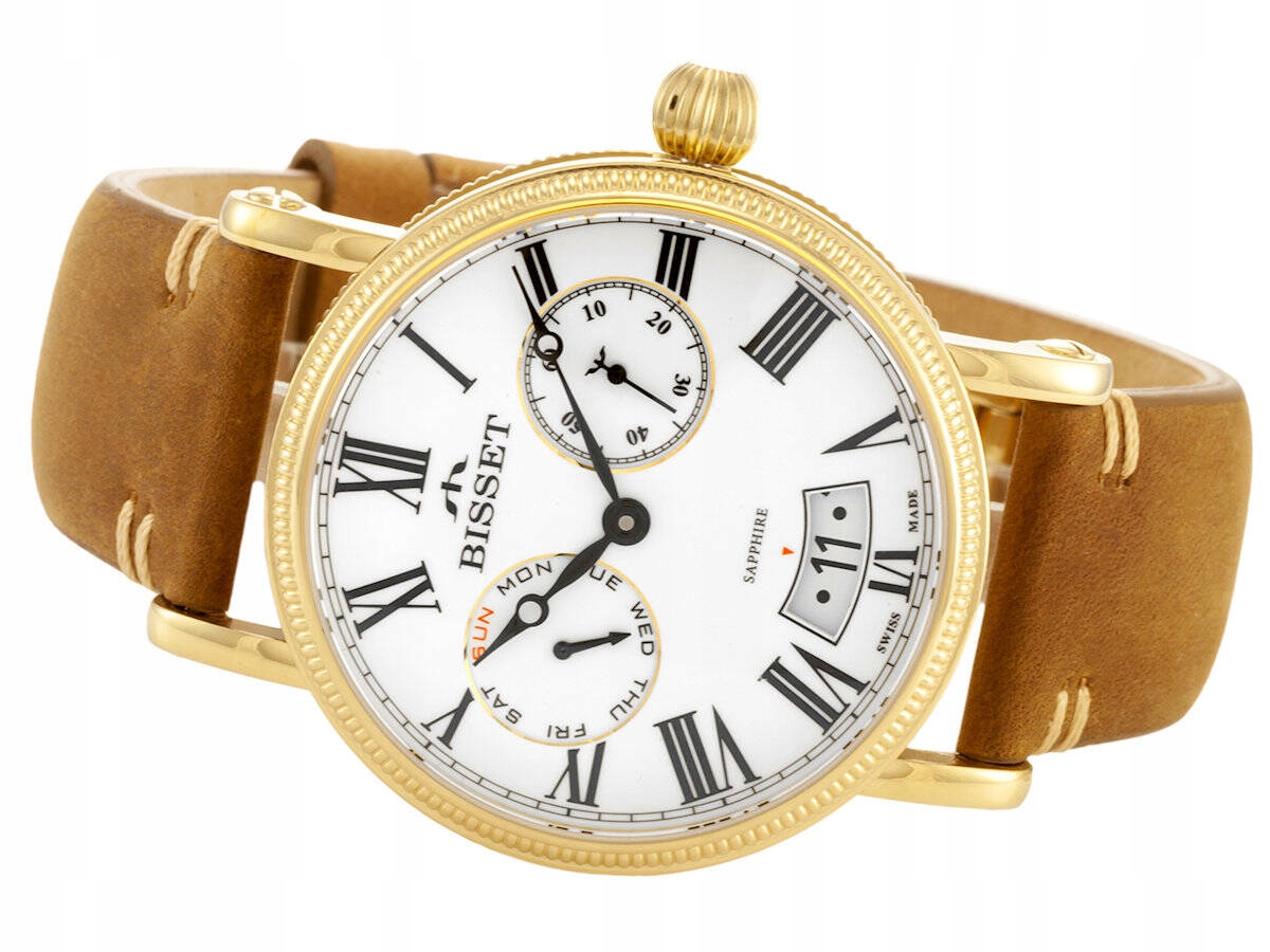 Elegantní Pánské Švýcarské Hodinky Bisset Bscf 36 Zlaté Multidata