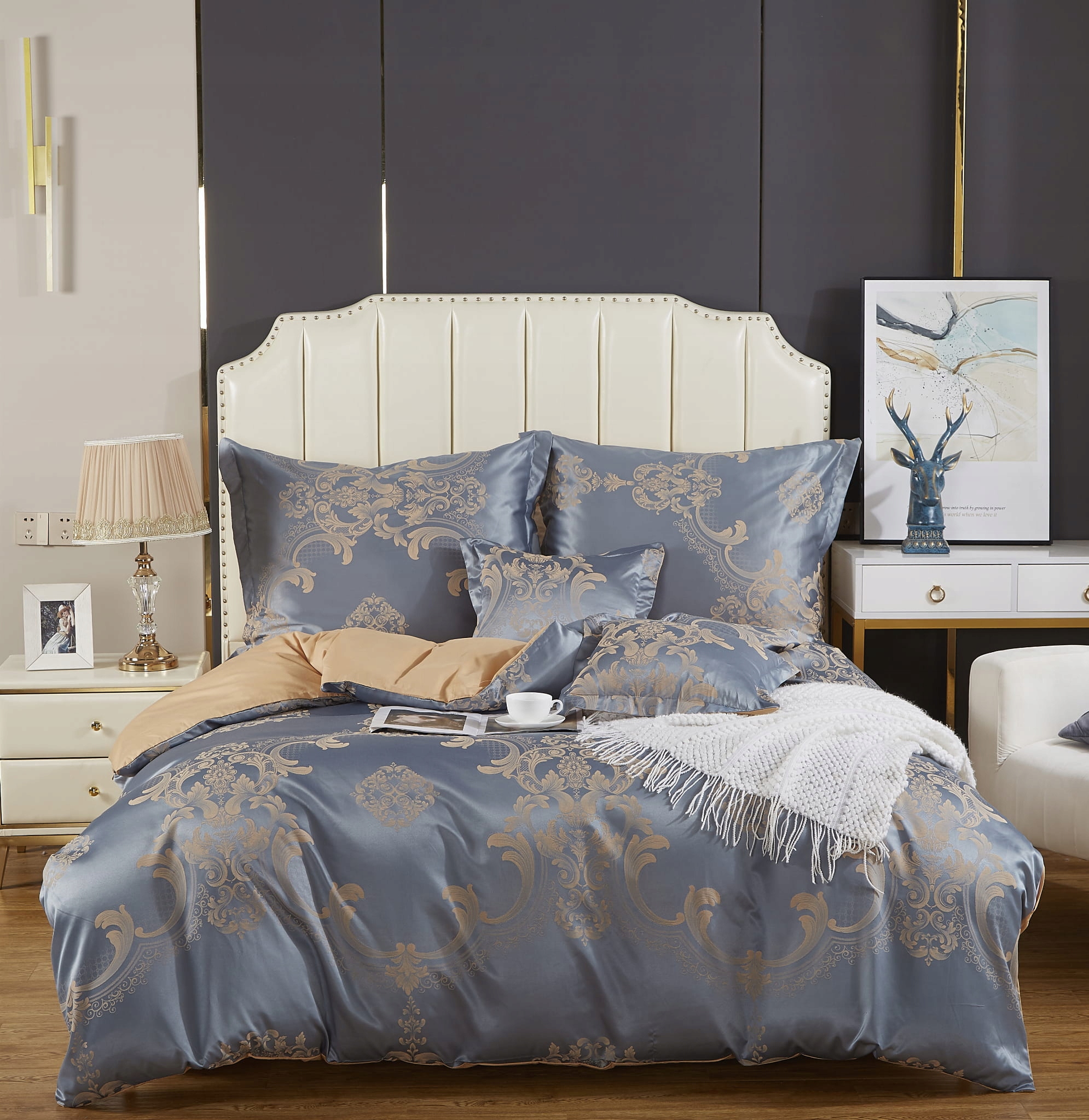 Posteľná Bielizeň atlasová vyšívaná 220x200 exkluzívna grafitová béžová s ornamentálnym vzorom