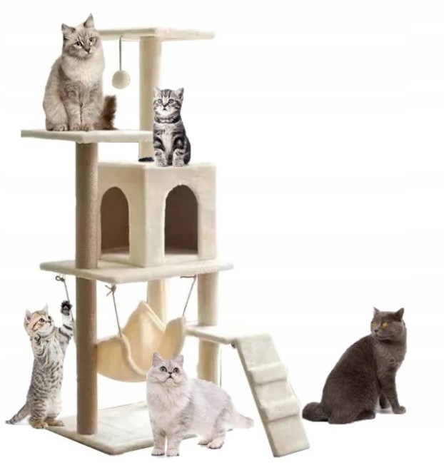 Levně Škrabadlo Pro Kočky Velké Vysoké Pelíšek Pro Velkou Kočku Krémové 125 CM