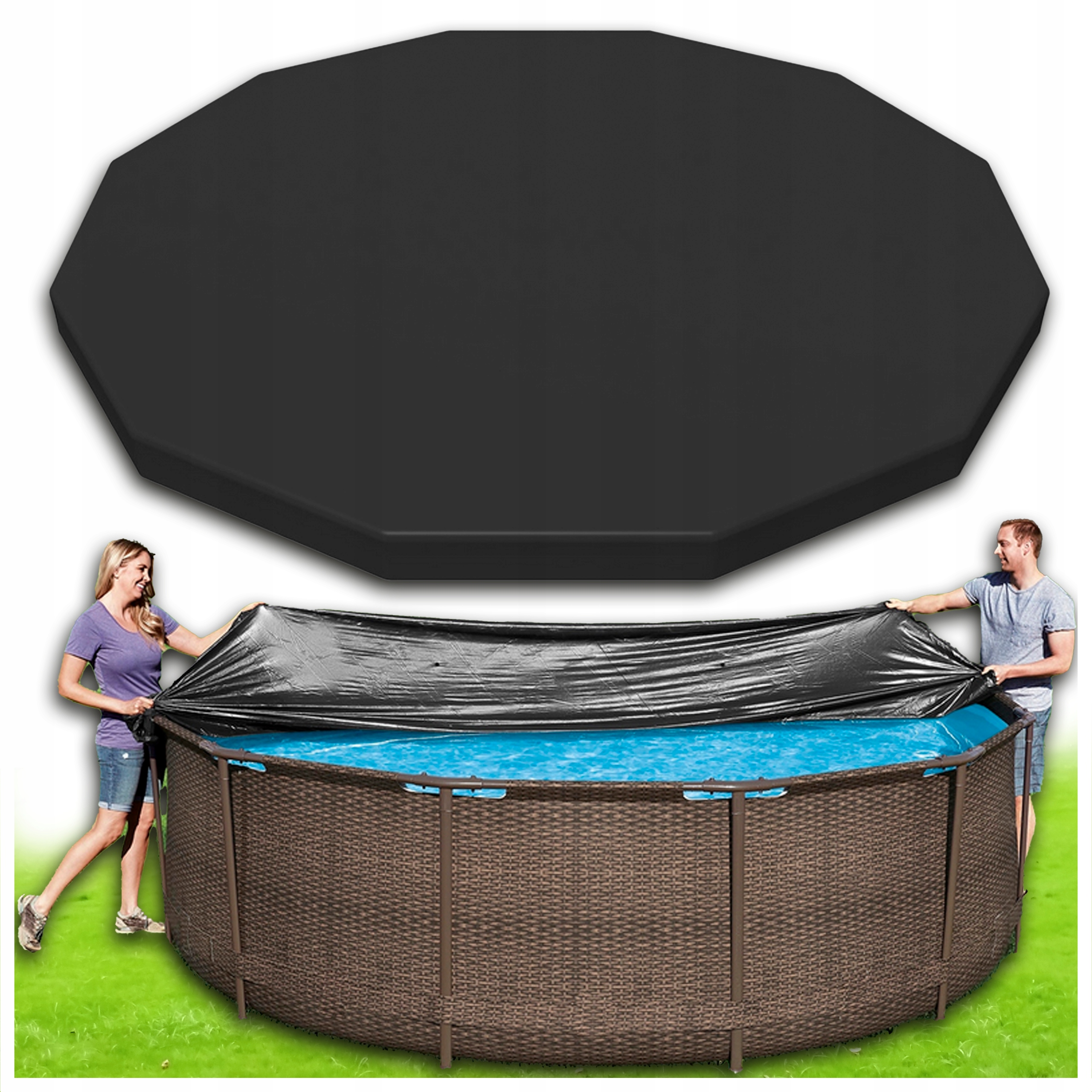 Pokrowiec na Basen Plandeka Pokrywa Ochrona Ogrodowy 366cm XL Czarny Solar