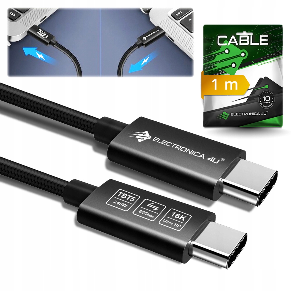 Szybki kabel do transmisji Thunderbolt 5 Certyfikowany Intel chip 240W 1m