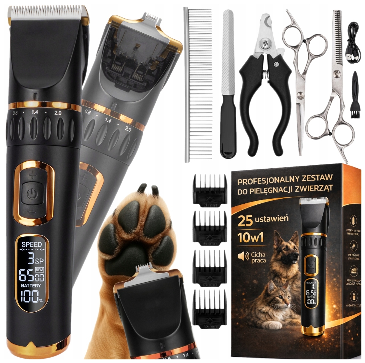 Levně Profesionální zastřihovač psů Tichý zastřihovač pro psa, kočku 12v1