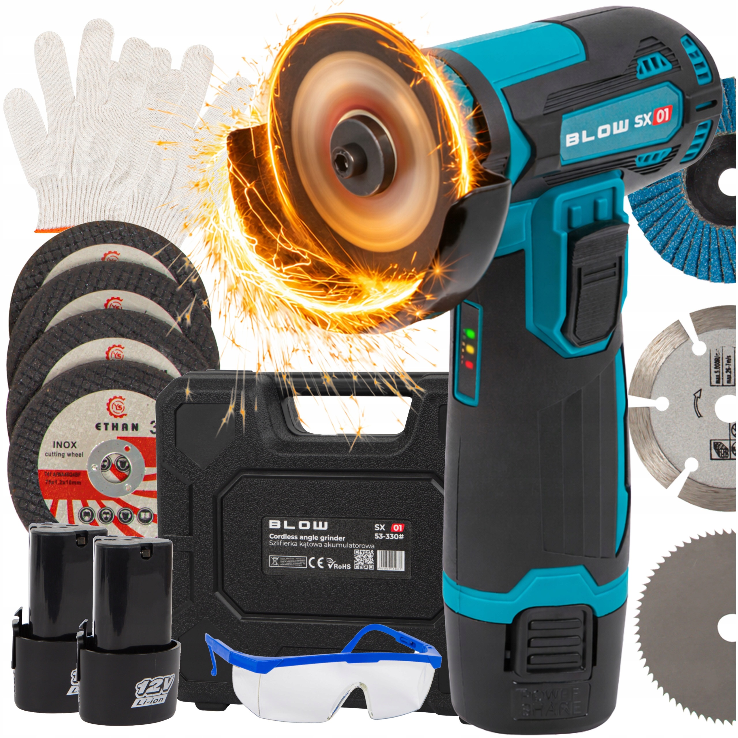 Szlifierka Kątowa Akumulatorowa 900W 12V 19500 Rpm 7x Tarcza 2x Aku Walizka