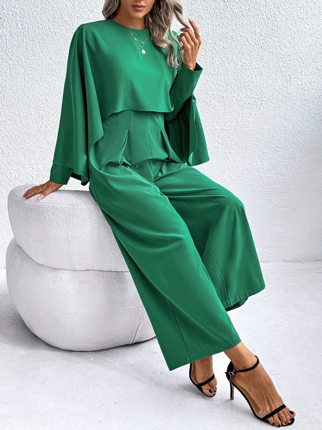 Elegantní Kombinéza S Netopýřími Rukávy Batwing Zelená Shein XL 42