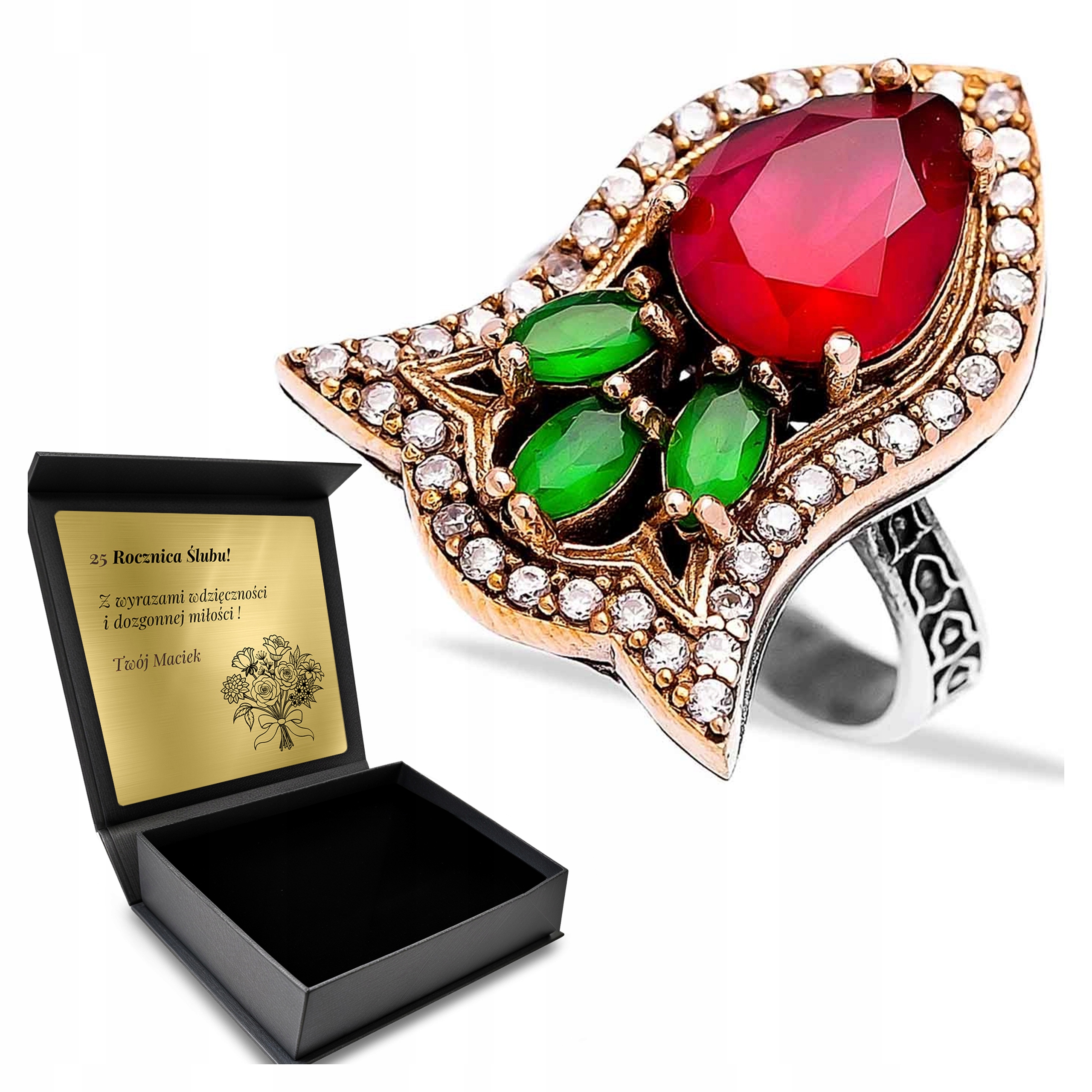 Prstýnek Srerbny 925 Zirkony Smaragd Granátové Šperky Gravírování Bonus