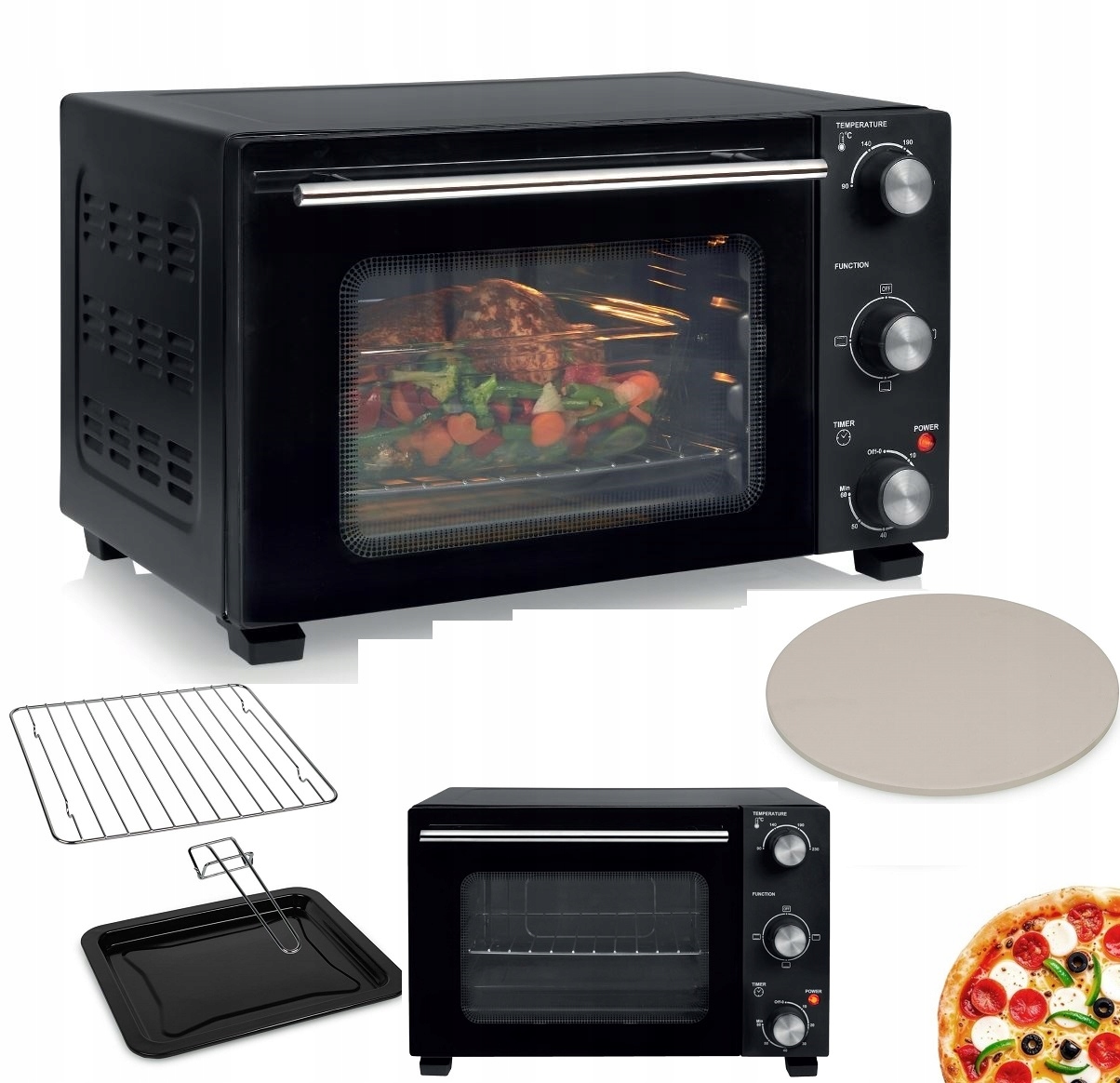 Pekáč 20L Silné Dvojité Dveře 1300W černý příslušenství kámen na Pizzu