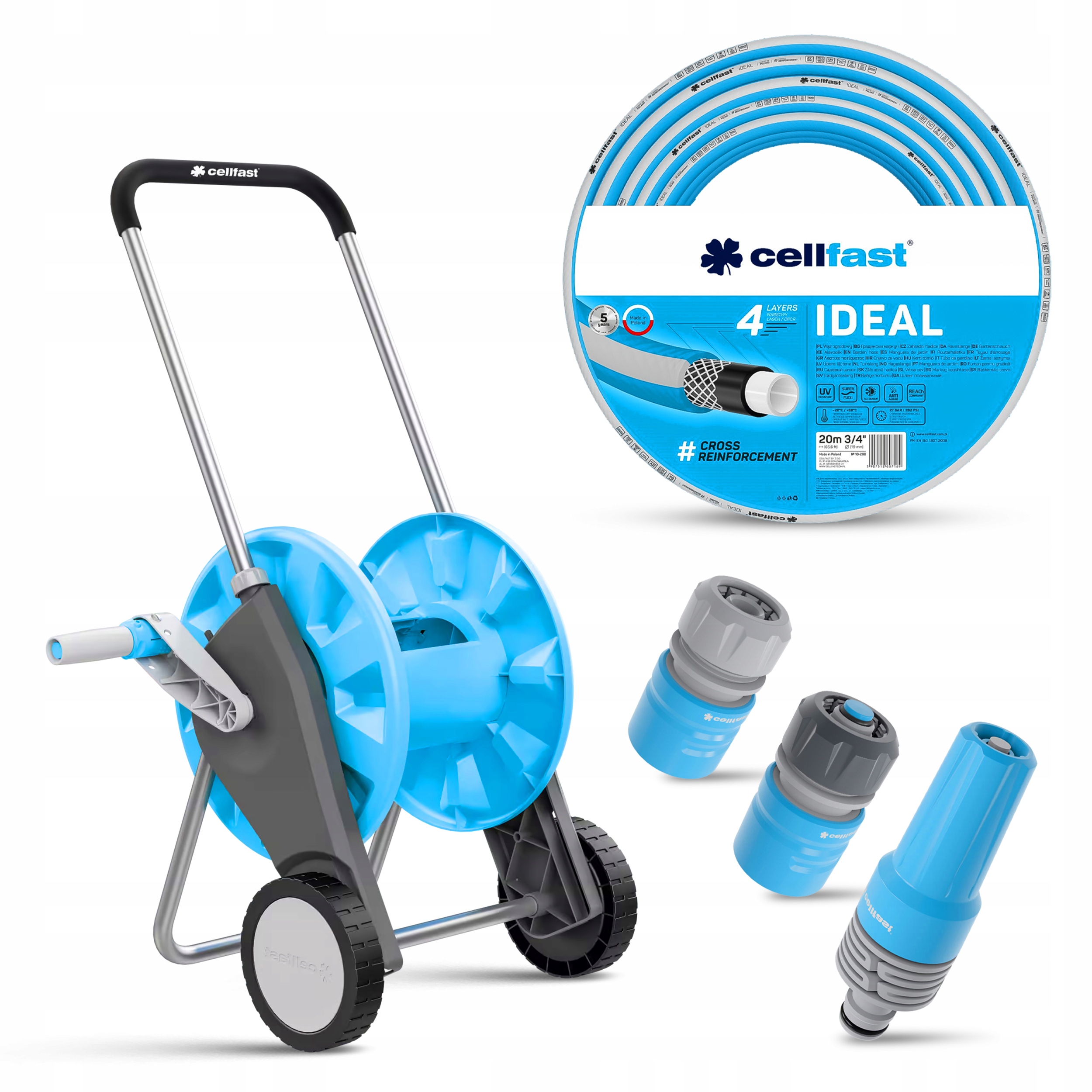 Wózek na wąż ogrodowy zestaw 3/4 20m cellfast zraszacz szybkozłącza trwały