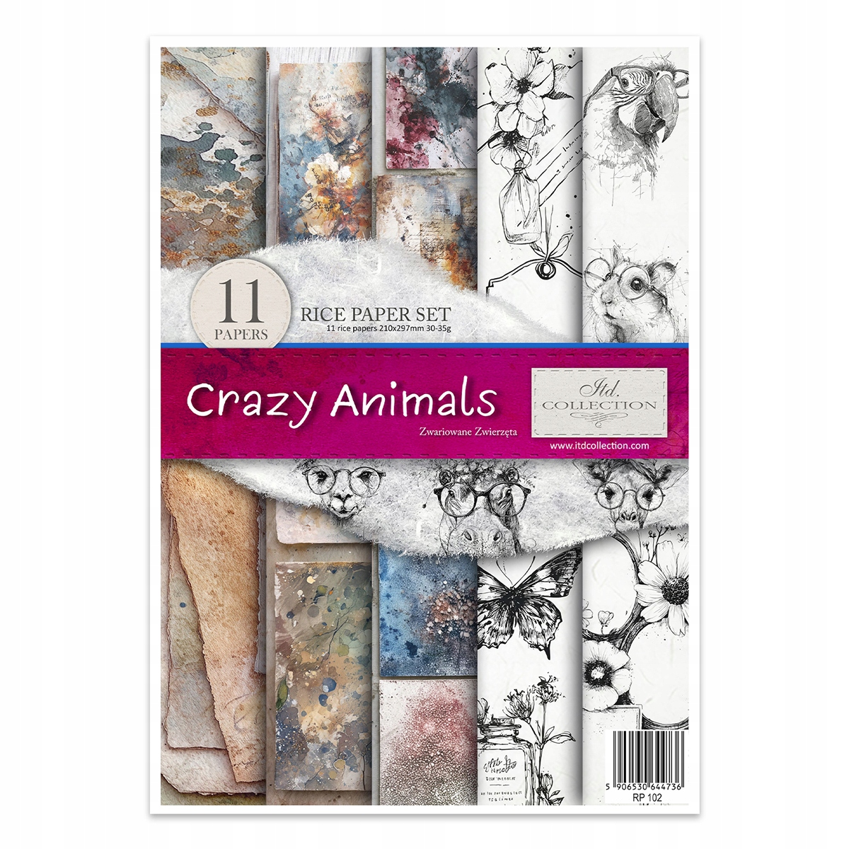 Sada 11 rýžových papírů A4 na decoupage RP102 Crazy Animals