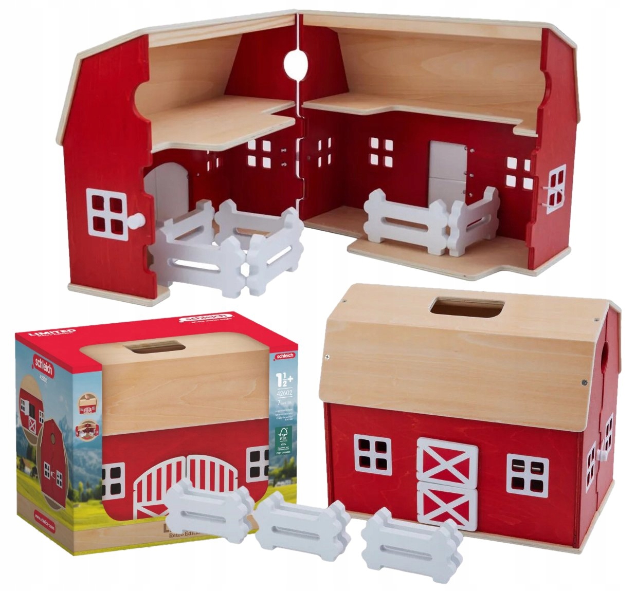 Schleich 42602 Duża Drewniana Farma Stajnia Zamykany Domek Ogrodzenie Retro